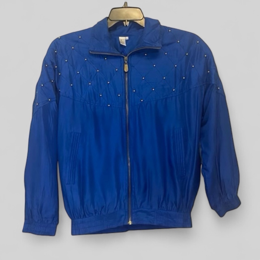 Vintage Studded Embellished royal blue Silk jacket size Large CoAco, full zip
